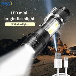 Portable LED Rechargeable Flashlight with COB Side Light - USB Charging, Multi-Function, Ideal for Outdoor Camping