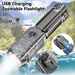 USB Rechargeable LED Flashlight: Portable, Zoomable, 3 Lighting Modes for Camping, Hiking, Emergency