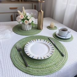 cotton yarn dinner placemat: nordic style round cup mat for heat insulation and anti-slip protection
