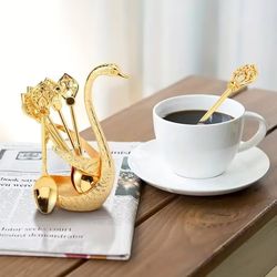 Decorative Swan Base Holder Set: 7PCS Stainless Steel Dinnerware with 6 Spoons - Coffee & Dessert Mixing