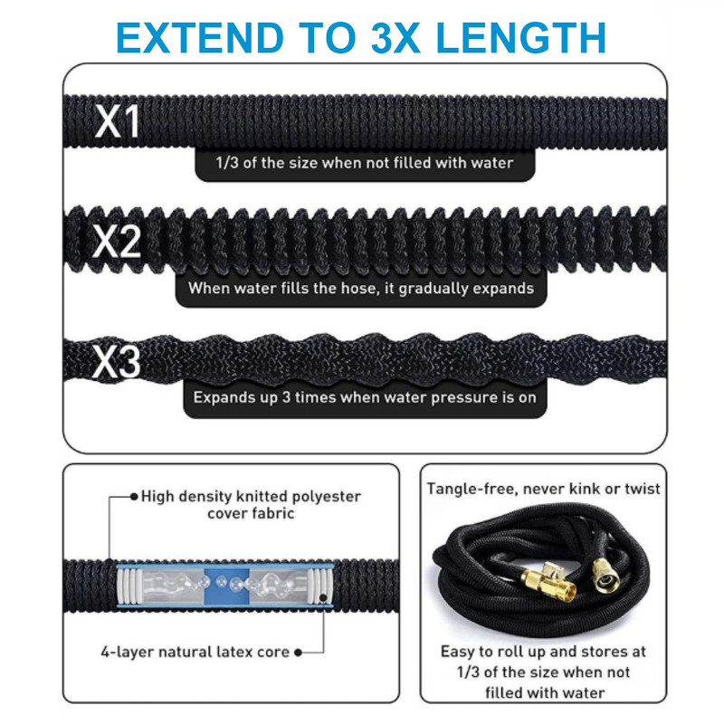 Expandable Garden Hose High Pressure Metal Connector 8 Pattern Spray Nozzle For Car Washing Irriga 3