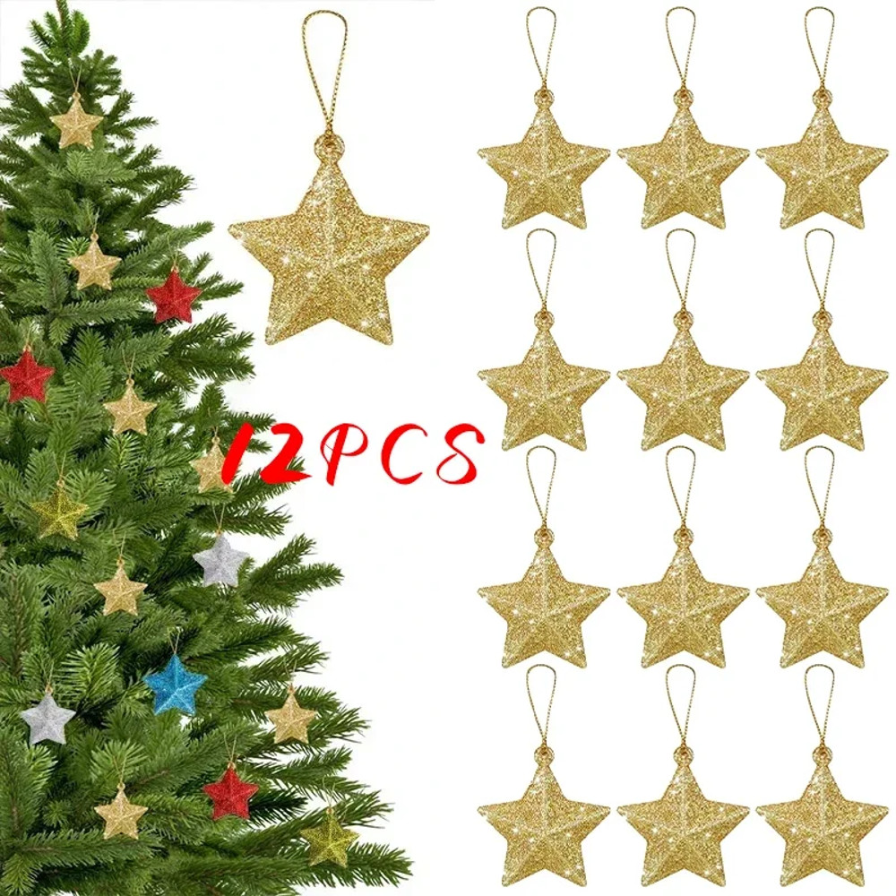 Gold Glitter Star Ornaments, Christmas Tree Hanging Pendant For Home, Navidad New Year Party Gift, Christmas Decoration