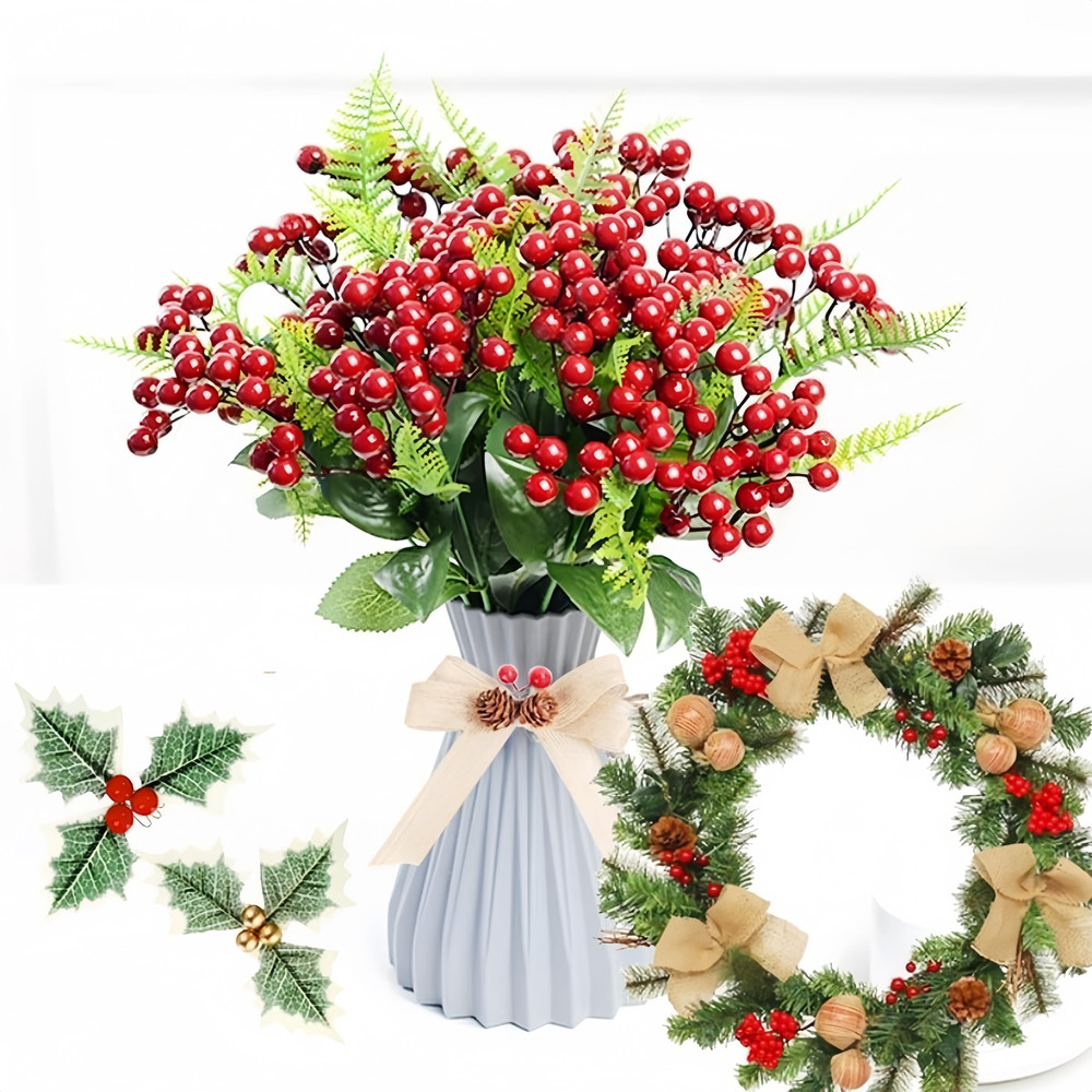 Berry Cherry for Christmas DIY Home Decor, Mini Artificial Red Fake Floral Wreath Ornament, New Year Gift Box Materials