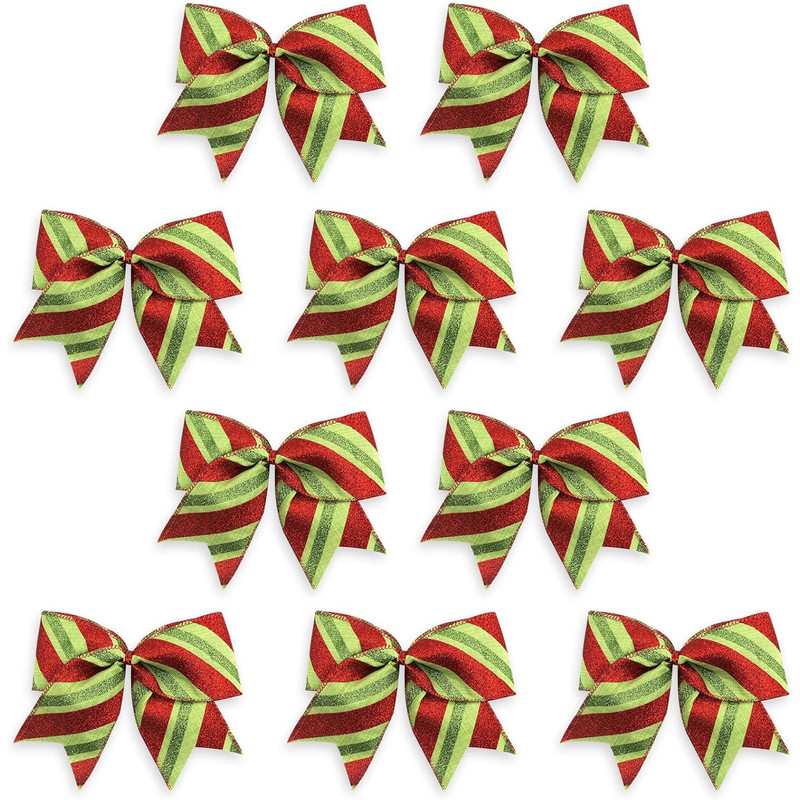 Small Burlap Bow for Party Supplies, Glitter Red Green Stripe Bows, Christmas Bows for Wreath Decorative Holiday Accents