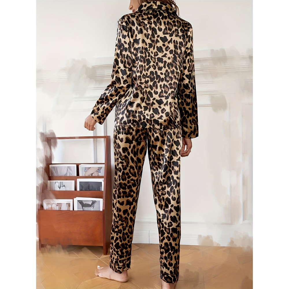 Leopard Print Pajamas Set for Women, Autumn Winter Silk Satin Sleepwear, Loose Casual Long Sleeve T shirt and Trouser