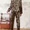 Leopard Print Pajamas Set for Women, Autumn Winter Silk Satin Sleepwear, Loose Casual Long Sleeve T shirt and Trouser