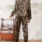 Leopard Print Pajamas Set for Women, Autumn Winter Silk Satin Sleepwear, Loose Casual Long Sleeve T shirt and Trouser