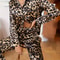 Leopard Print Pajamas Set for Women, Autumn Winter Silk Satin Sleepwear, Loose Casual Long Sleeve T shirt and Trouser