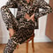 Leopard Print Pajamas Set for Women, Autumn Winter Silk Satin Sleepwear, Loose Casual Long Sleeve T shirt and Trouser