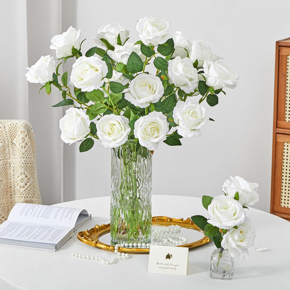 Artificial Flowers Silk Roses, Long Branch Bridal Bouquet for Weddings, Home Vase Table Decoration, Gift Box, Valentine