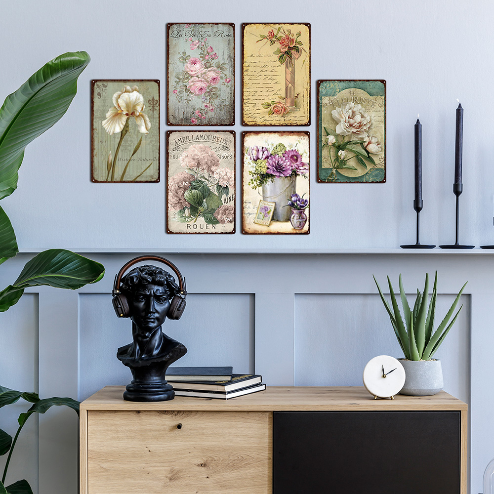 Flowers Metal Tin Sign, Retro Plates Rose Peony Lavender Art Plaque, Vintage Poster, Garden Room Wall Decor Gift