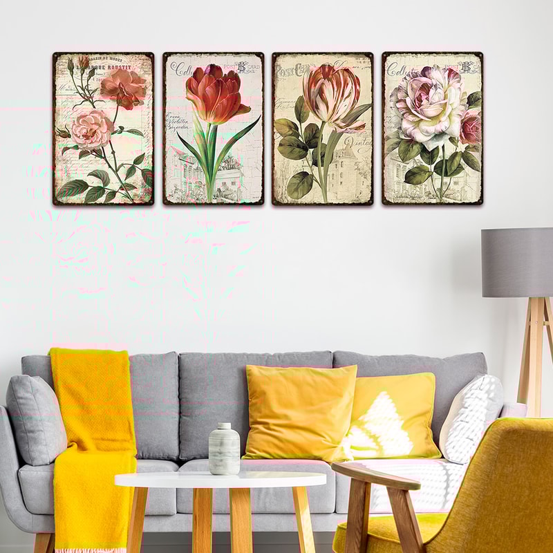 Flowers Metal Tin Sign, Retro Plates Rose Peony Lavender Art Plaque, Vintage Poster, Garden Room Wall Decor Gift