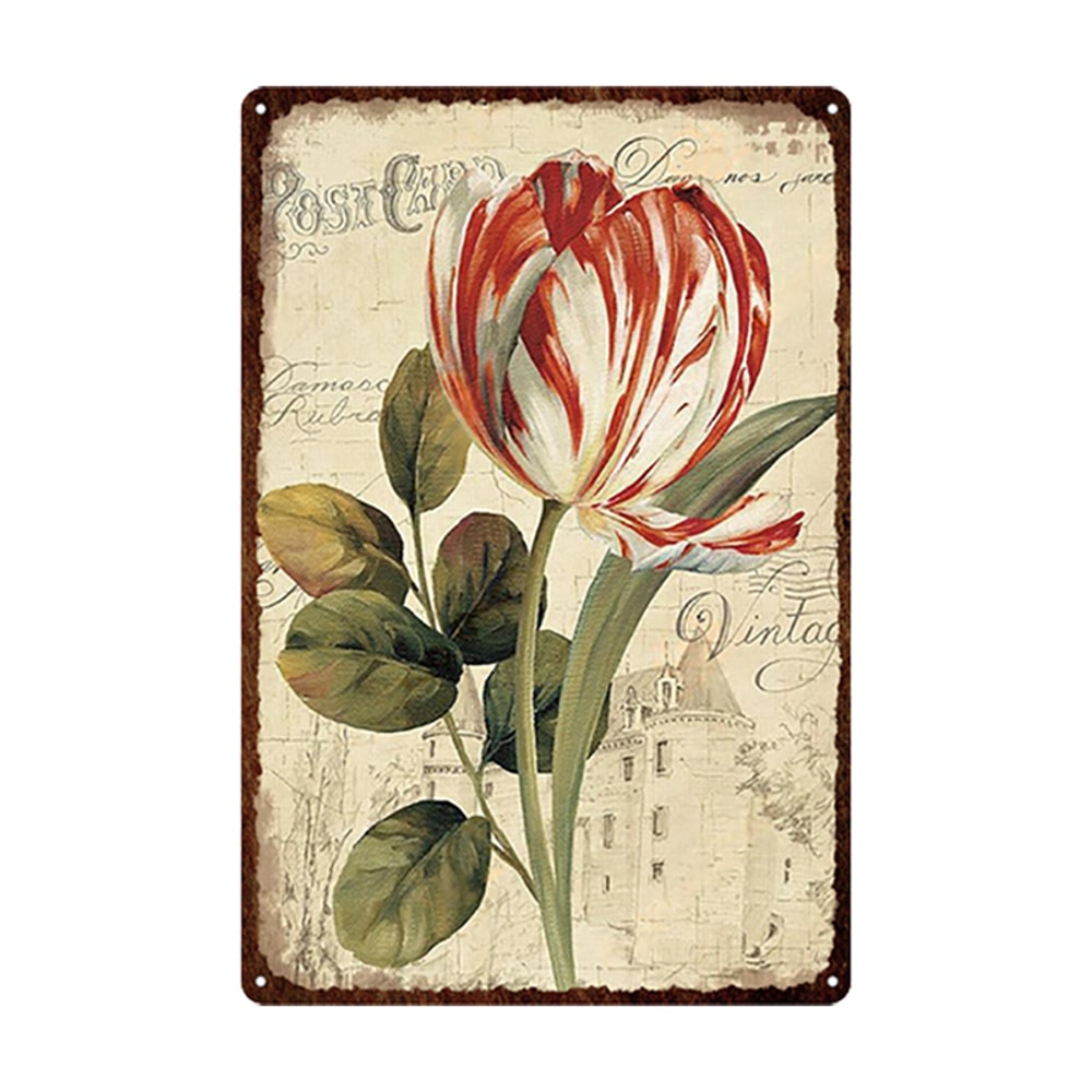 Flowers Metal Tin Sign, Retro Plates Rose Peony Lavender Art Plaque, Vintage Poster, Garden Room Wall Decor Gift