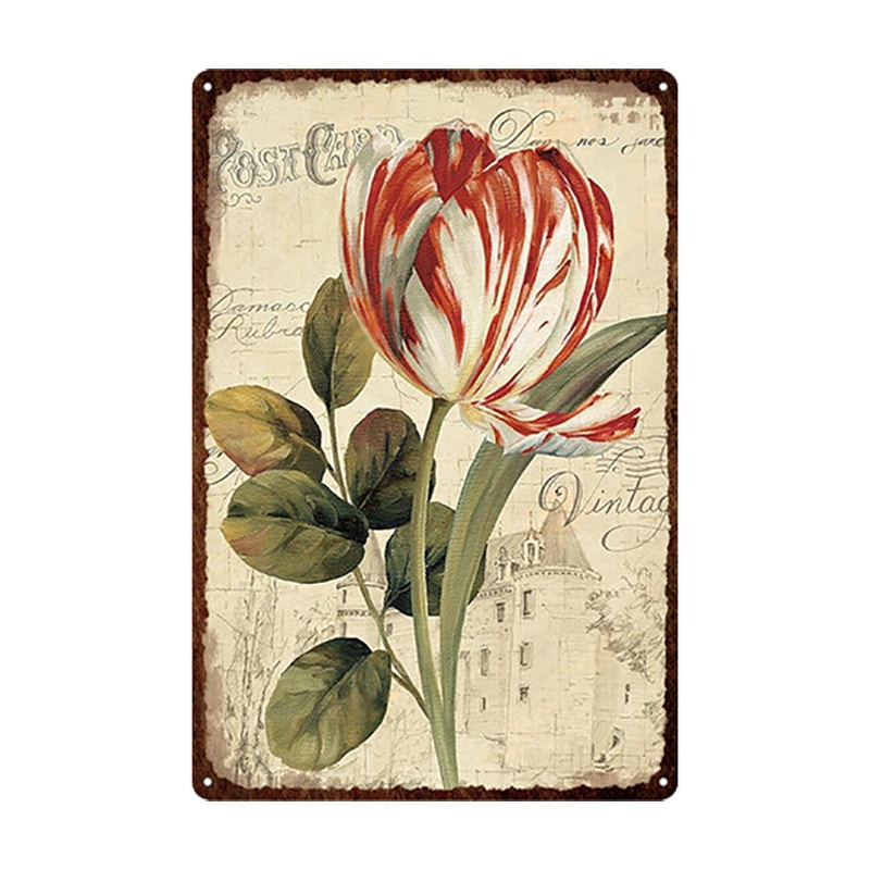 Flowers Metal Tin Sign, Retro Plates Rose Peony Lavender Art Plaque, Vintage Poster, Garden Room Wall Decor Gift
