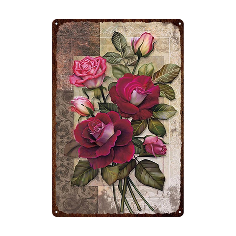 Flowers Metal Tin Sign, Retro Plates Rose Peony Lavender Art Plaque, Vintage Poster, Garden Room Wall Decor Gift