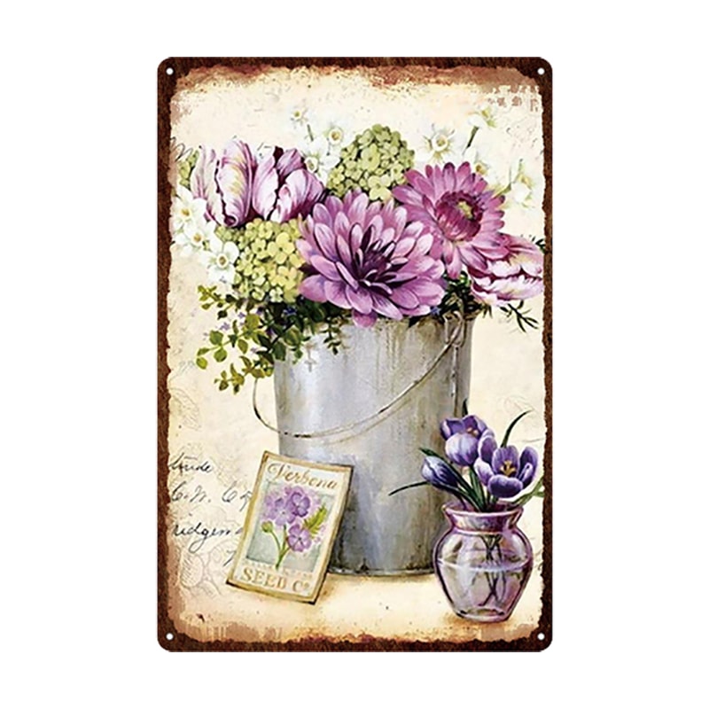 Flowers Metal Tin Sign, Retro Plates Rose Peony Lavender Art Plaque, Vintage Poster, Garden Room Wall Decor Gift