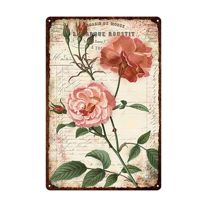 Flowers Metal Tin Sign, Retro Plates Rose Peony Lavender Art Plaque, Vintage Poster, Garden Room Wall Decor Gift