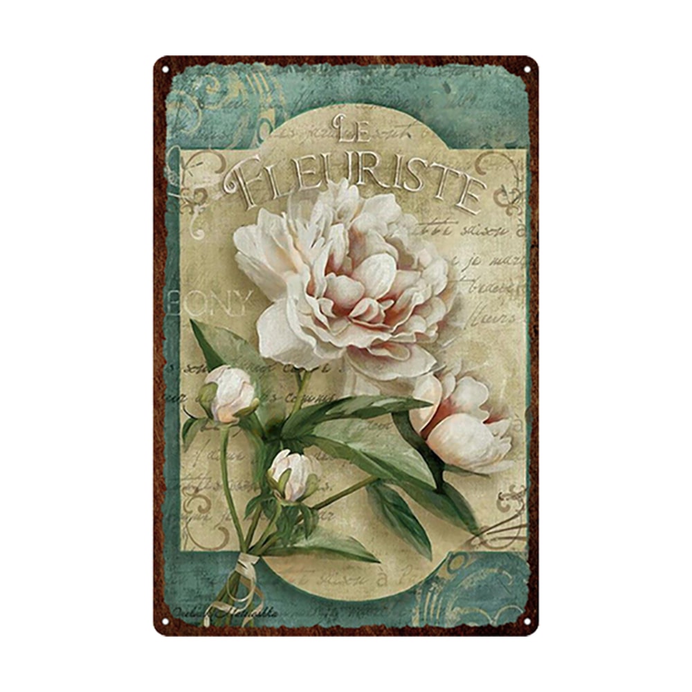 Flowers Metal Tin Sign, Retro Plates Rose Peony Lavender Art Plaque, Vintage Poster, Garden Room Wall Decor Gift