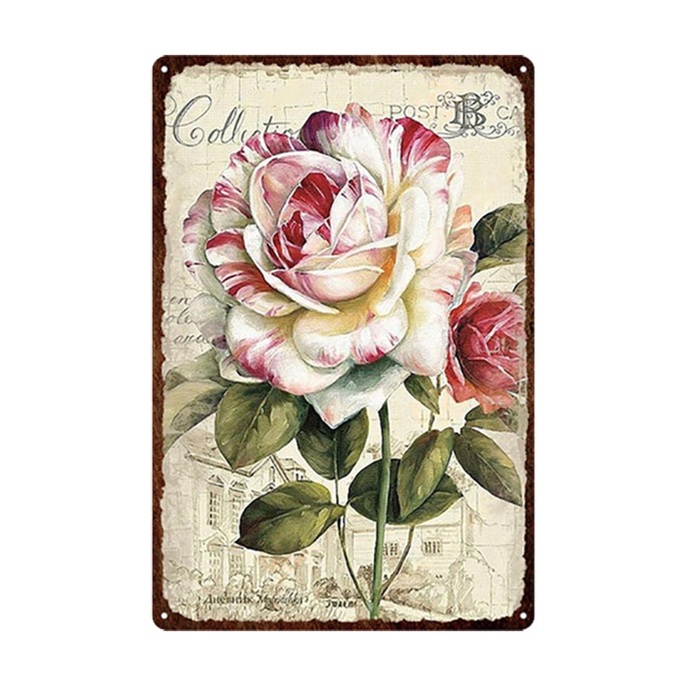 Flowers Metal Tin Sign, Retro Plates Rose Peony Lavender Art Plaque, Vintage Poster, Garden Room Wall Decor Gift