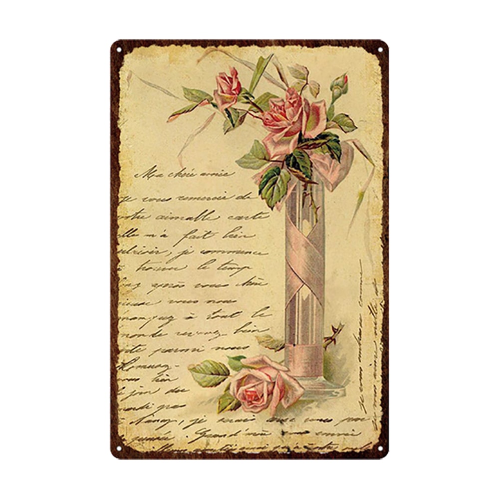 Flowers Metal Tin Sign, Retro Plates Rose Peony Lavender Art Plaque, Vintage Poster, Garden Room Wall Decor Gift