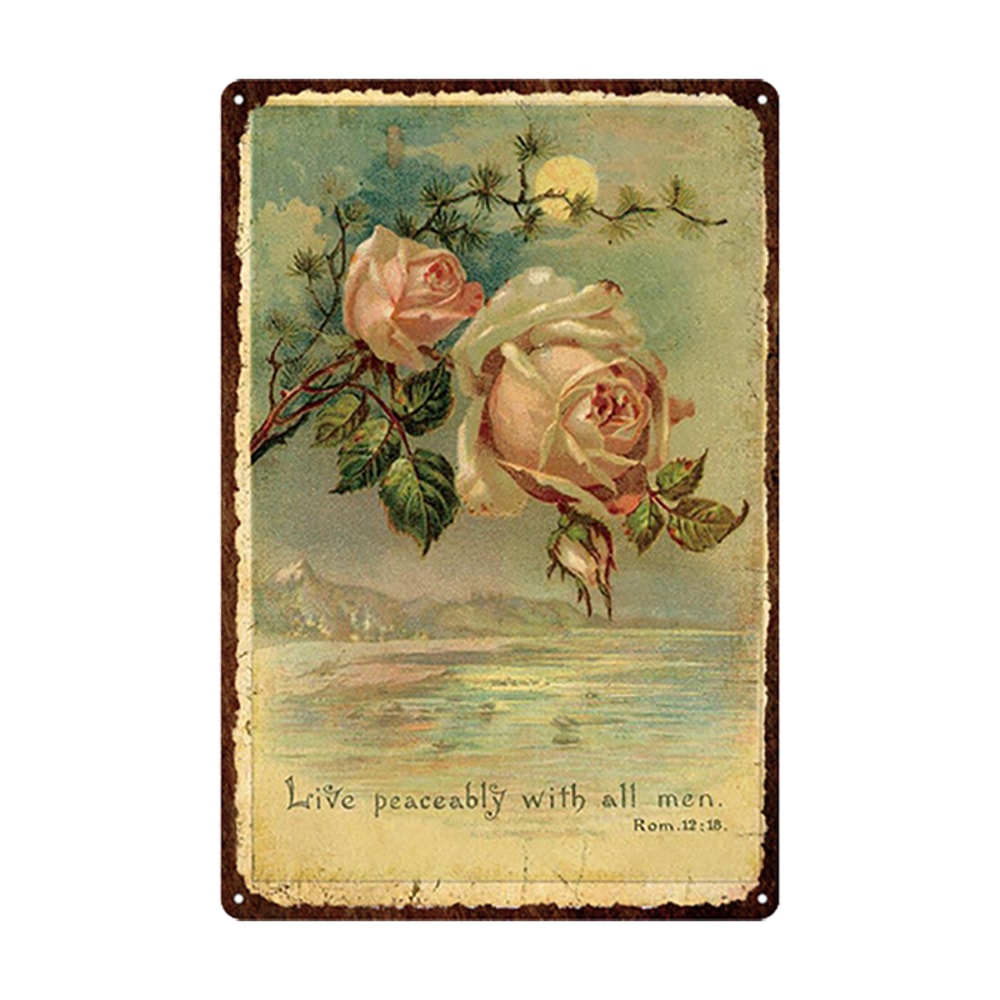 Flowers Metal Tin Sign, Retro Plates Rose Peony Lavender Art Plaque, Vintage Poster, Garden Room Wall Decor Gift