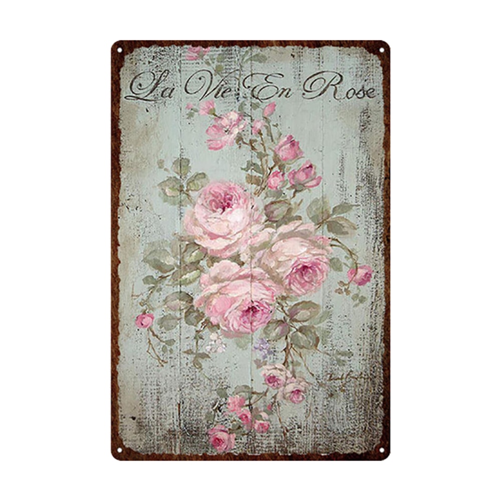 Flowers Metal Tin Sign, Retro Plates Rose Peony Lavender Art Plaque, Vintage Poster, Garden Room Wall Decor Gift