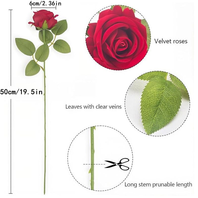 Velvet Silk Roses, Artificial Flowers Long Stem Branch for Wedding, Home Decoration, Mothers Day, Valentines Day Gifts