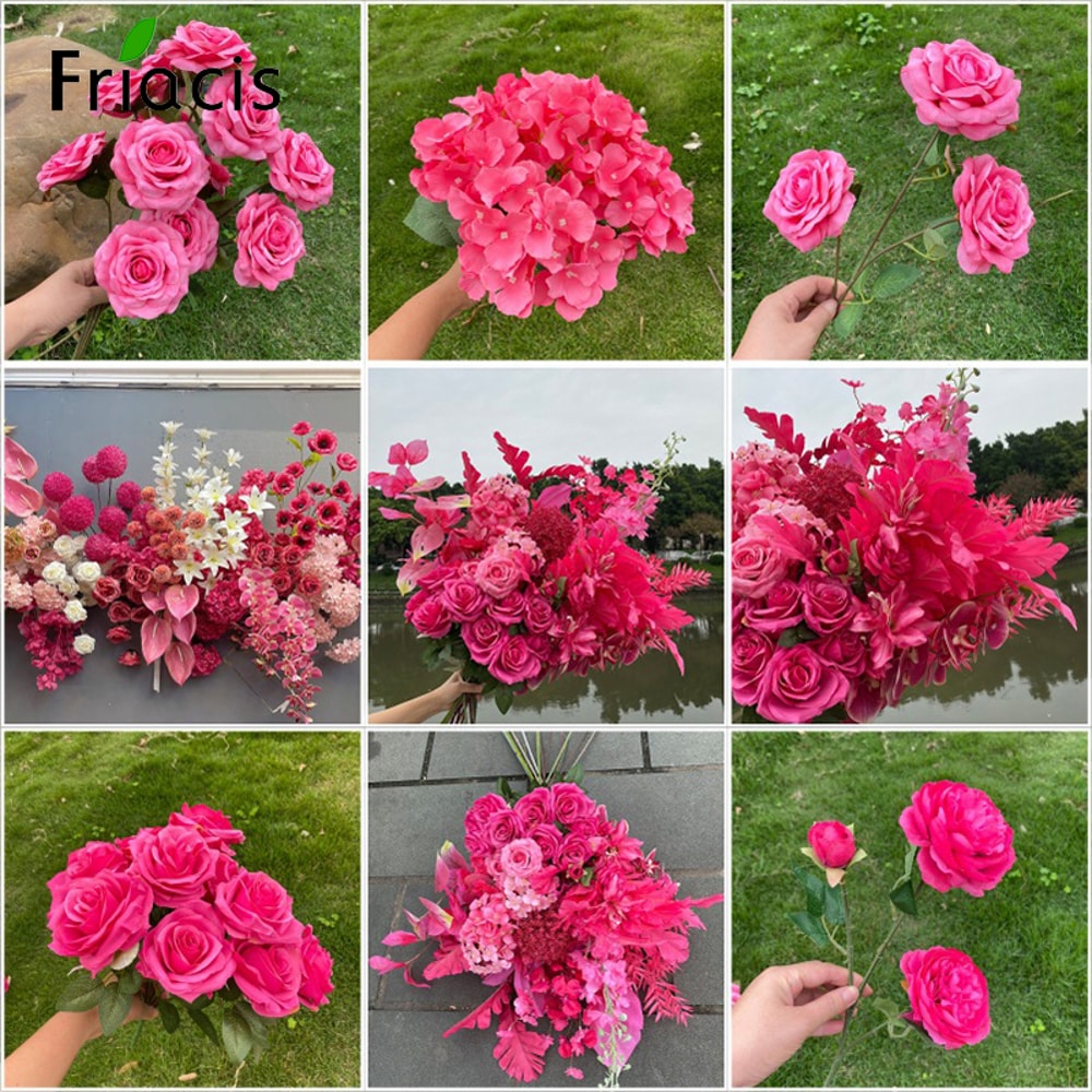 Pink Series Wedding Floral Arrangement Artificial Rose Hydrangea Plant Leaves Room Home Table Vase 1