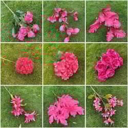 pink series wedding floral arrangement, artificial rose hydrangea plant, leaves room home table vase decor flower