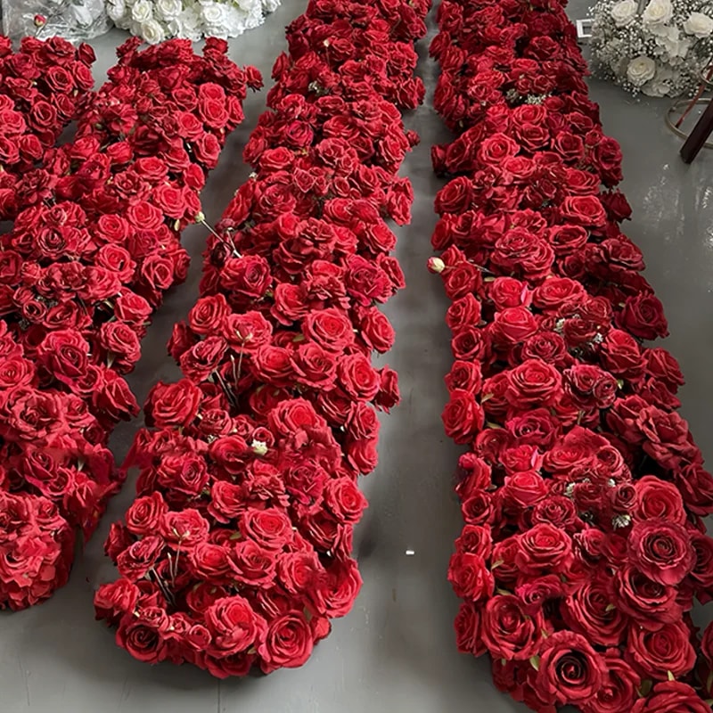 Red Rose Artificial Green Plants Wedding Backdrop Floral Wall Flower Row Runner Party Showcase Prop 2