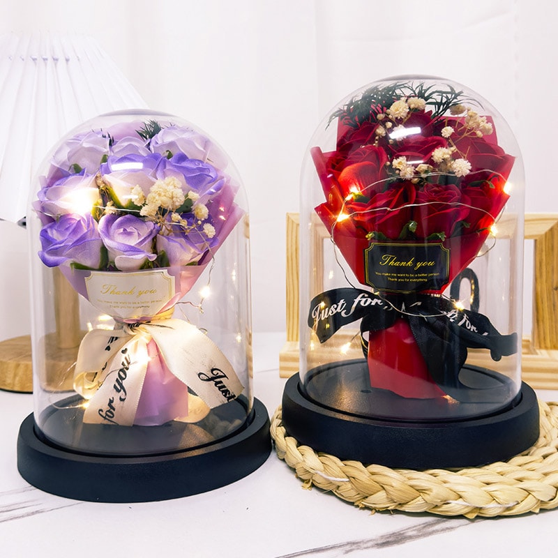 Eternal LED Light Acrylic Cover Flower, Valentine Day Gift, Wedding Party Decor, Transparent Rose Flower Set for Holiday