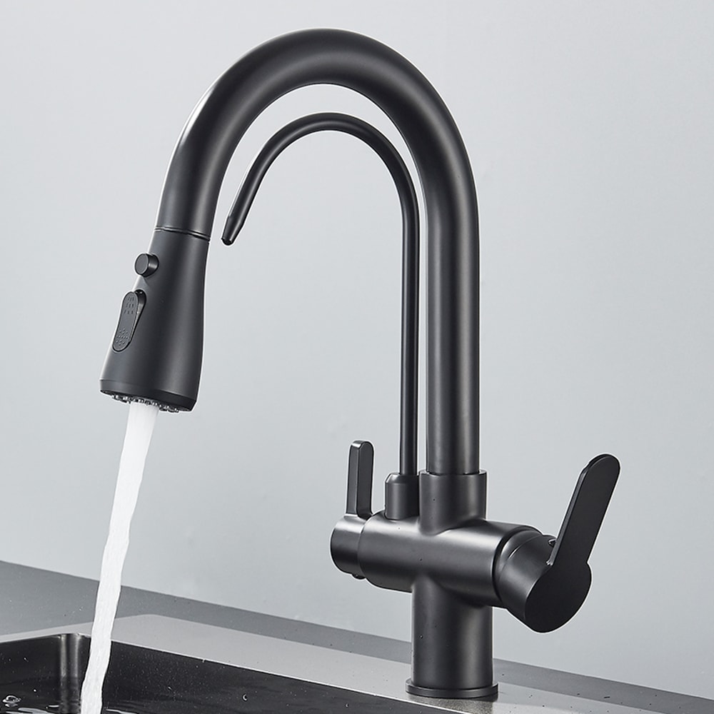 Matte Black Filtered Crane Kitchen Faucet Pull Out Spray Rotation Water Filter Tap Three Ways Sink 2
