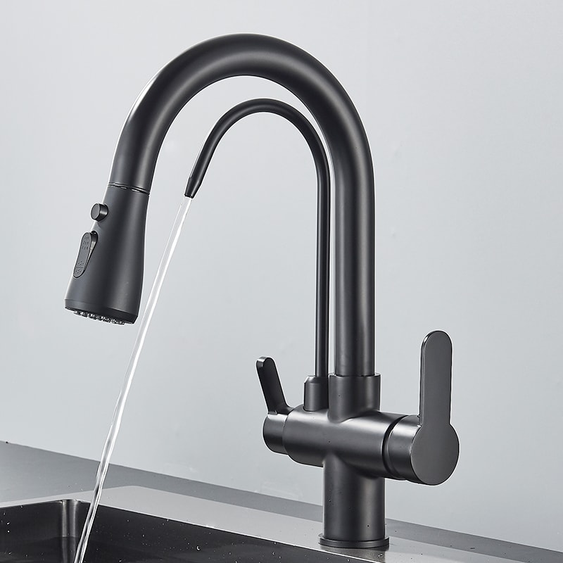 Matte Black Filtered Crane Kitchen Faucet Pull Out Spray Rotation Water Filter Tap Three Ways Sink 3