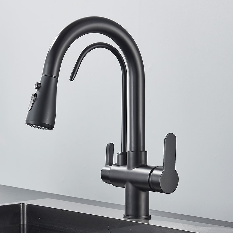Matte Black Filtered Crane Kitchen Faucet Pull Out Spray Rotation Water Filter Tap Three Ways Sink 0