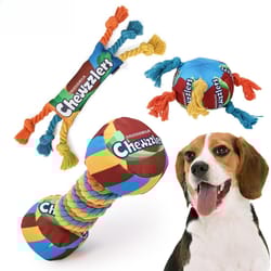 rainbow twist dog chew toy with squeaker and rope dental design
