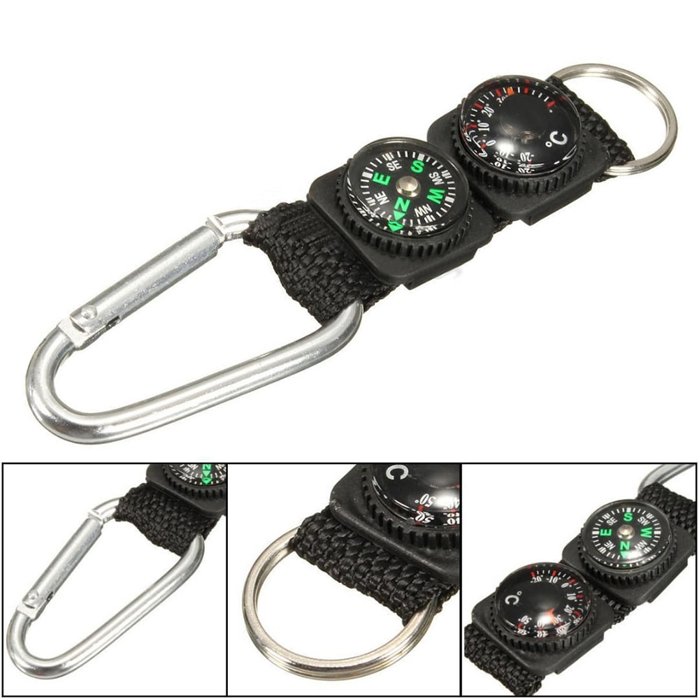 Camping Carabiner Keychain with Compass Thermometer Mini Clip
