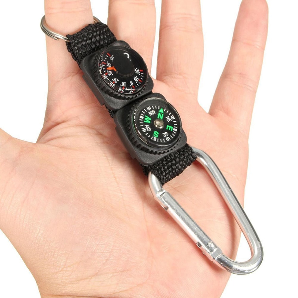 Camping Carabiner Keychain with Compass Thermometer Mini Clip