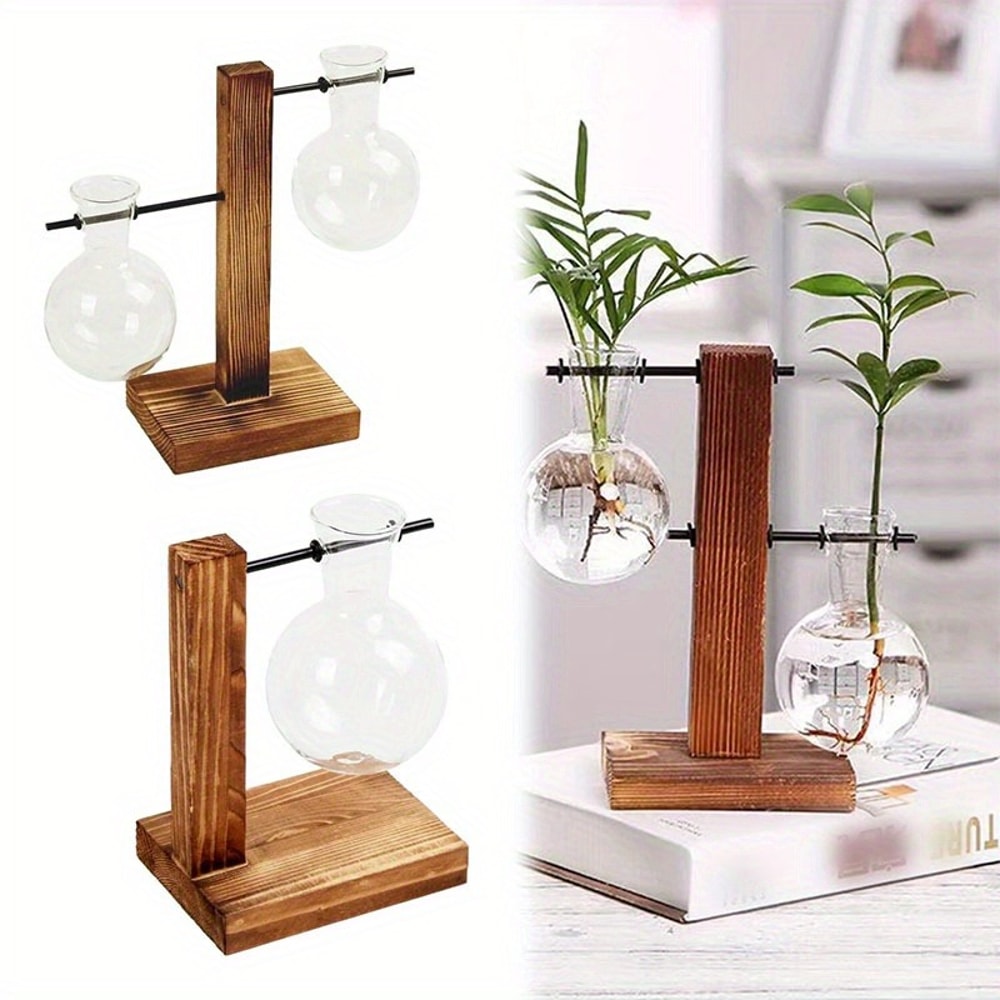 Vintage Plant Propagation Station With Wooden Stand And Hydroponic Glass Vase 3