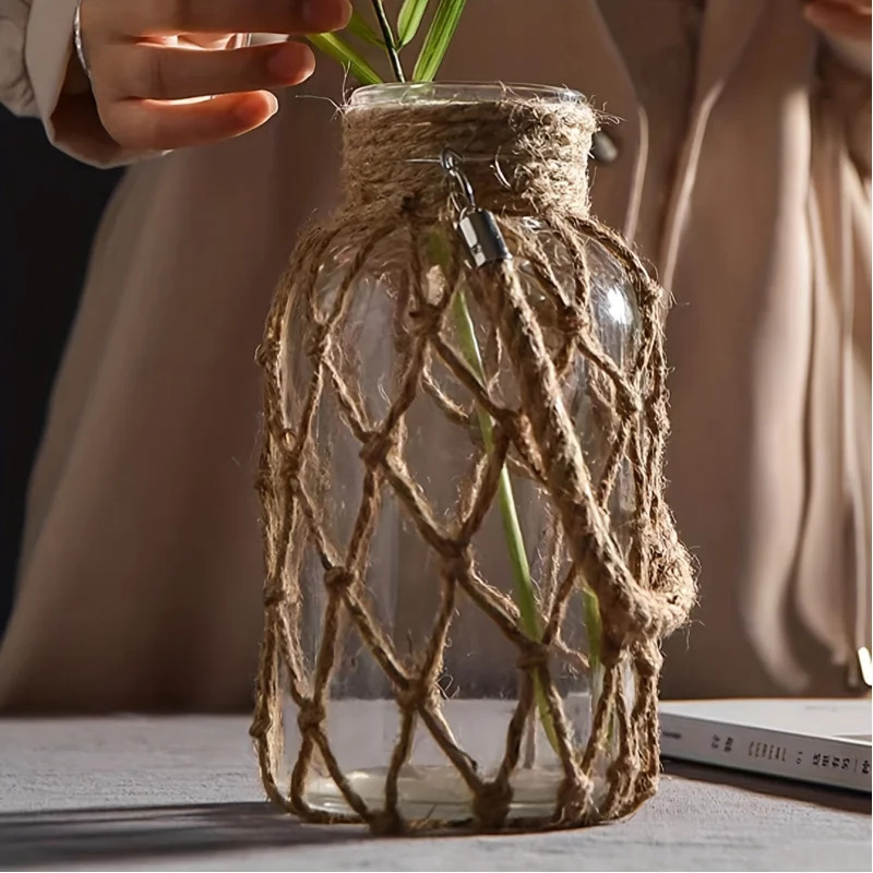 Vintage Hemp Rope Hanging Glass Vase Hand Braided Tabletop Hydroponic Decorative Planter 3