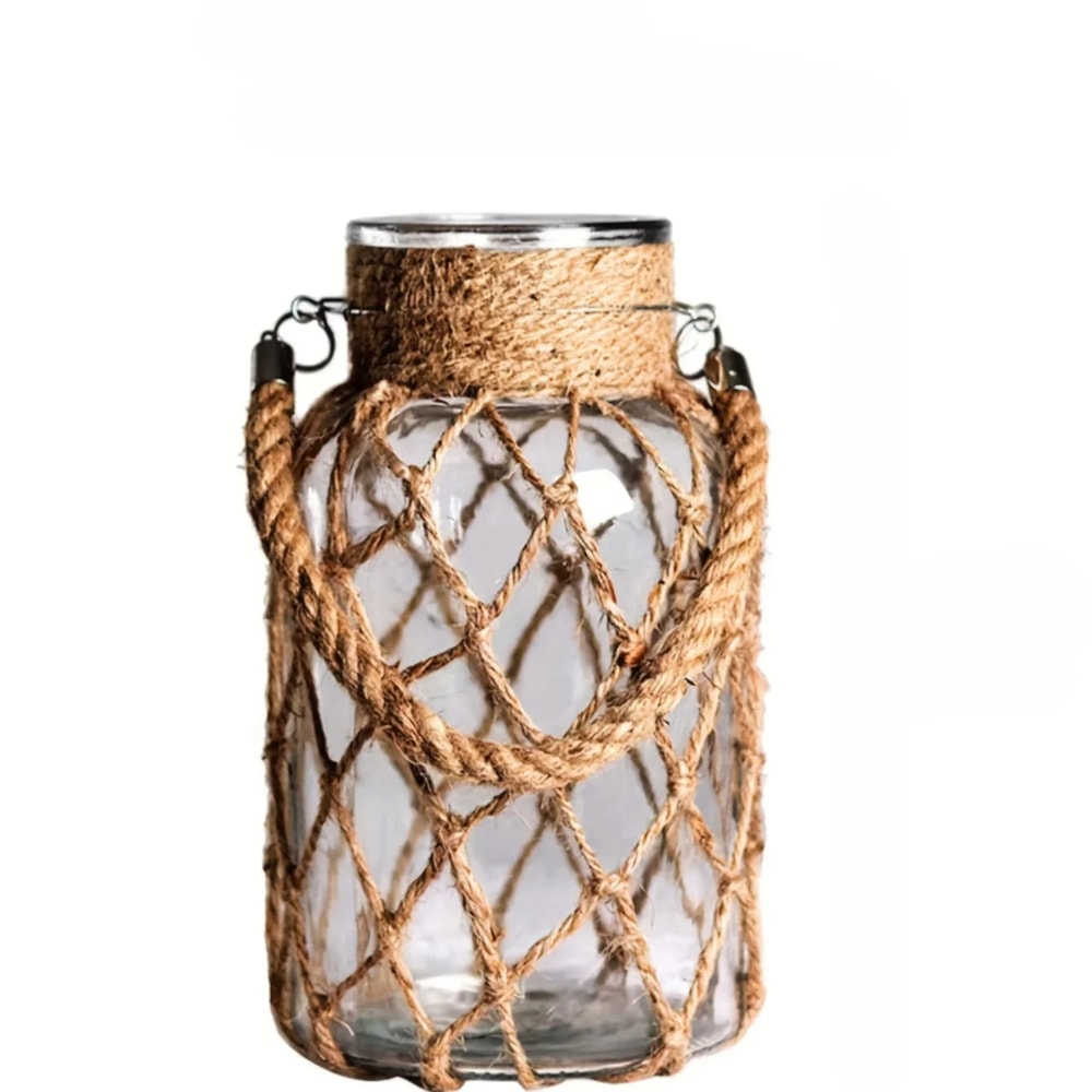 Vintage Hemp Rope Hanging Glass Vase Hand Braided Tabletop Hydroponic Decorative Planter 4