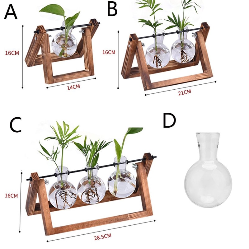 Wooden Frame Terrarium Planter With Hydroponic Glass Vases For Indoor Plant Display 3