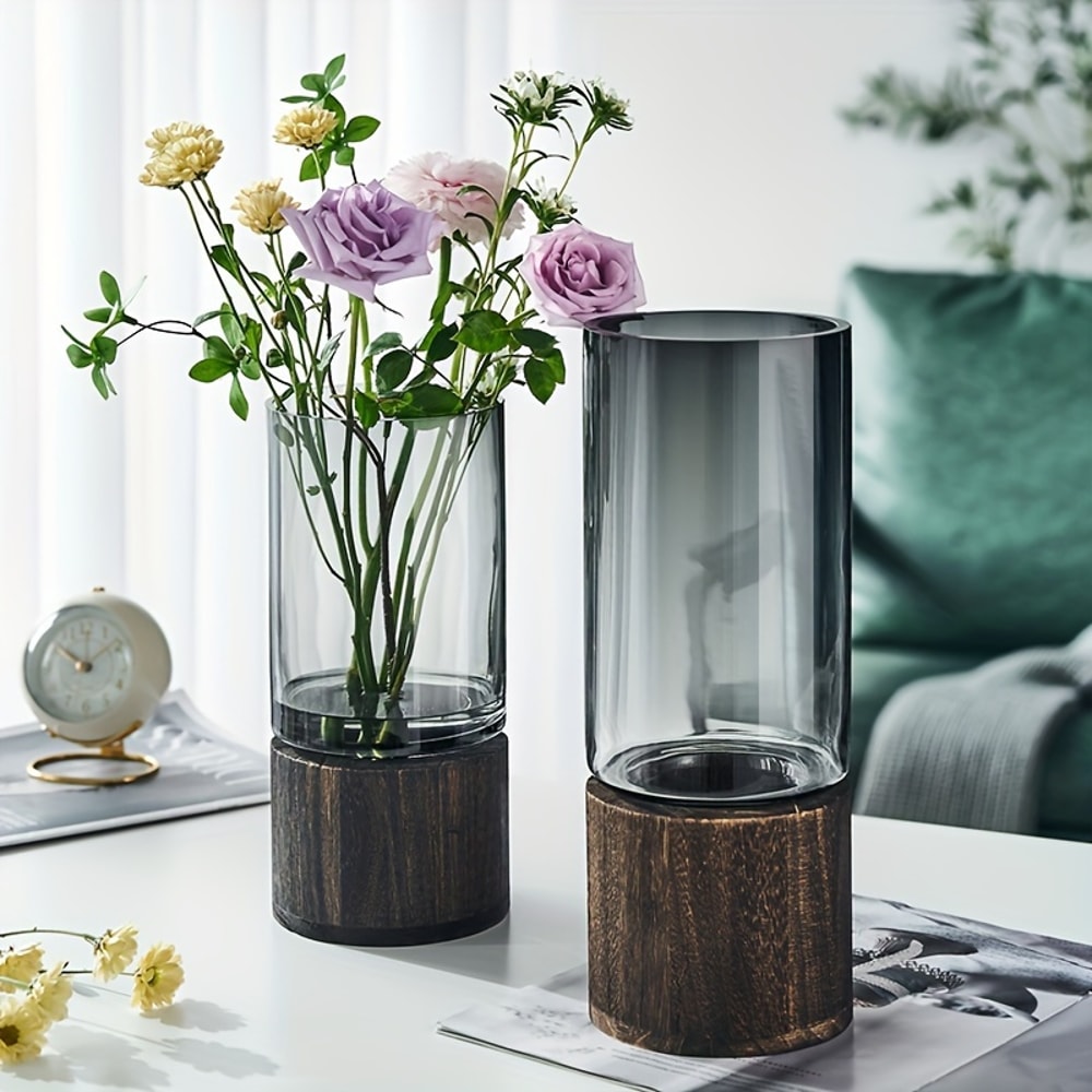 Hydroponic Plant Vase with Wooden Stand Modern Tabletop Plant Decor
