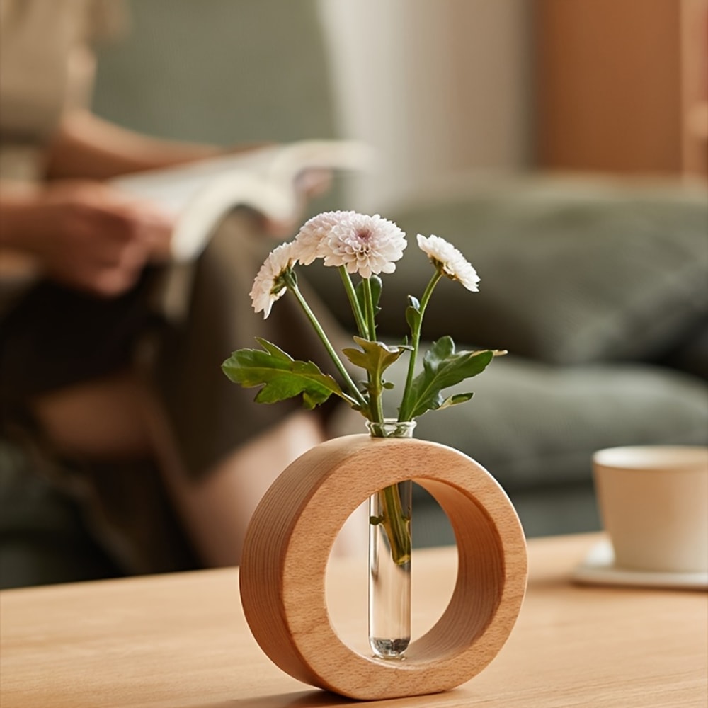 Round Hydroponic Vase With Wooden Base Decorative Glass Flower Vase For Desk And Home 0
