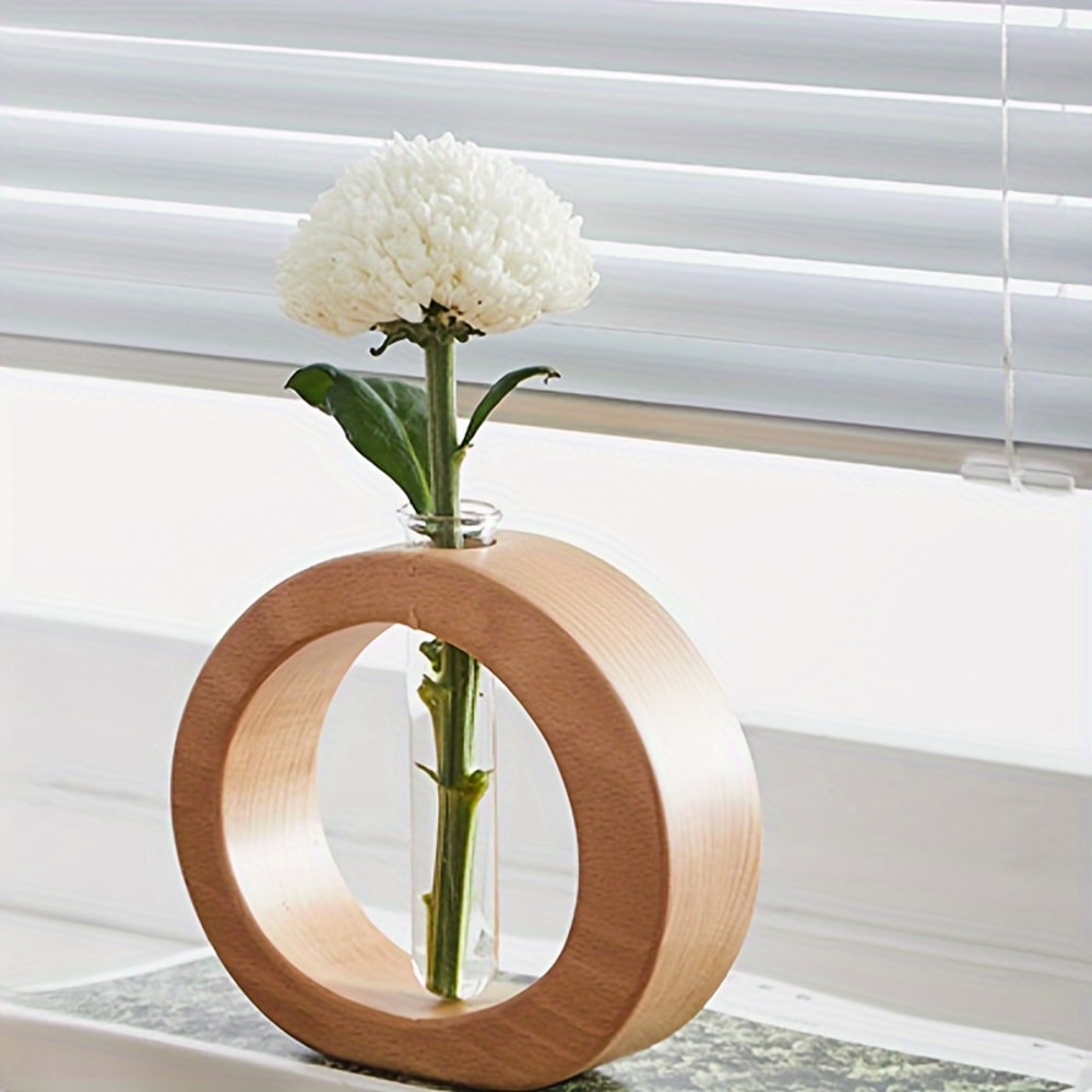 Round Hydroponic Vase With Wooden Base Decorative Glass Flower Vase For Desk And Home 1