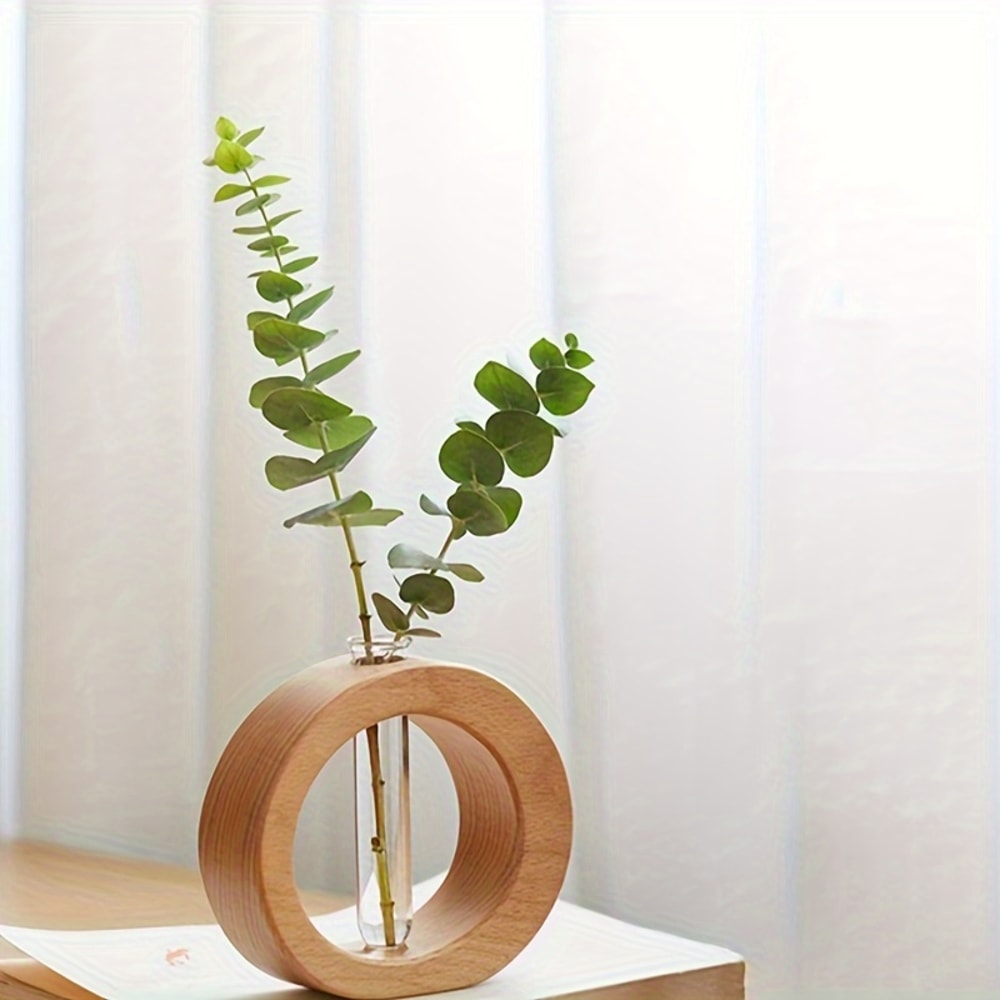 Round Hydroponic Vase With Wooden Base Decorative Glass Flower Vase For Desk And Home 3