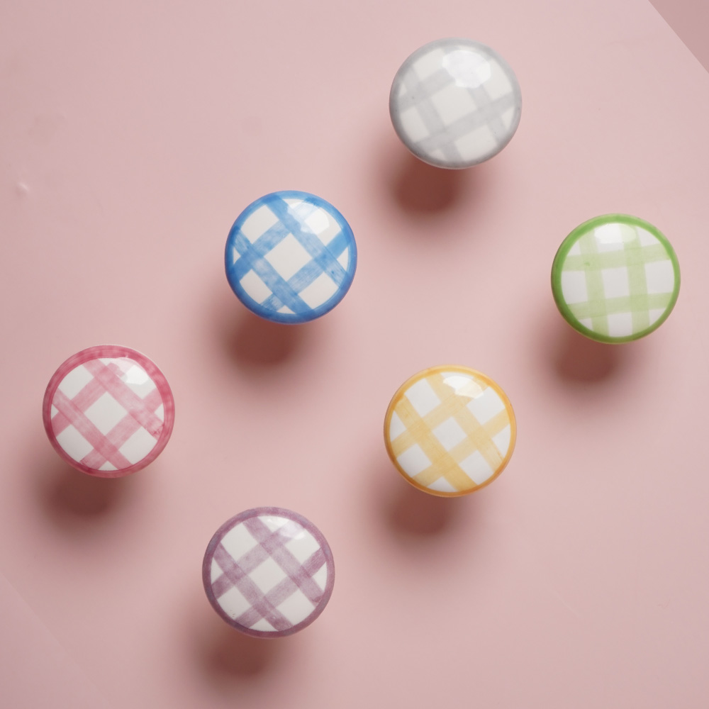 Vintage Checkered Ceramic Cabinet Pulls With Brass Finish 0