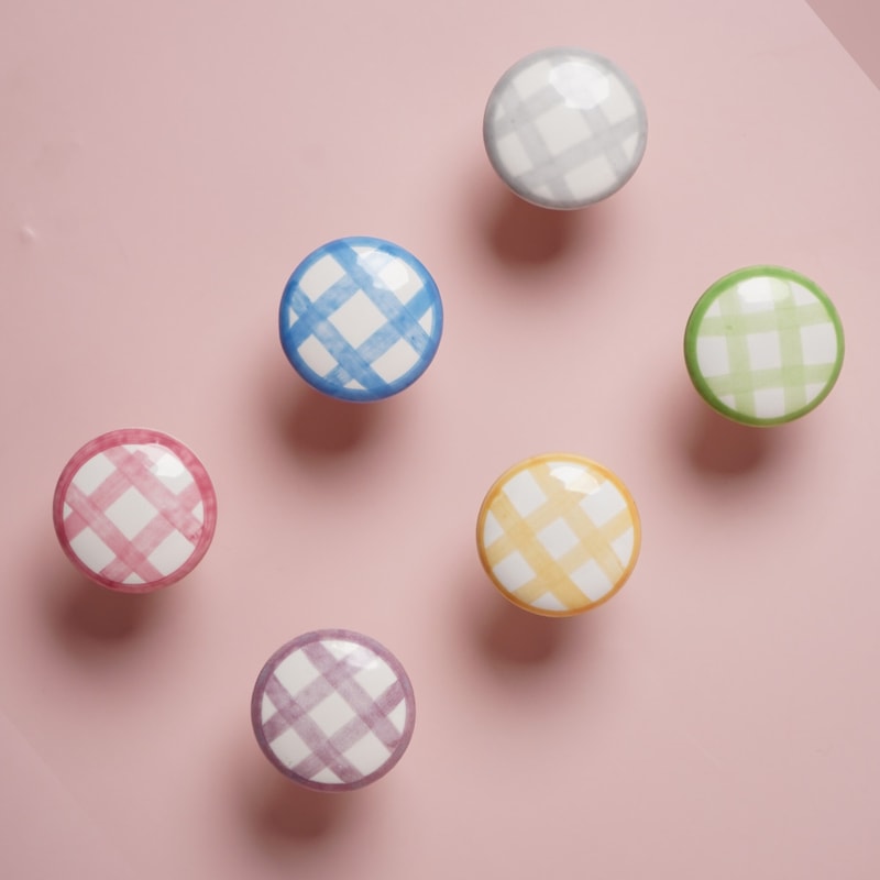 Vintage Checkered Ceramic Cabinet Pulls With Brass Finish 0