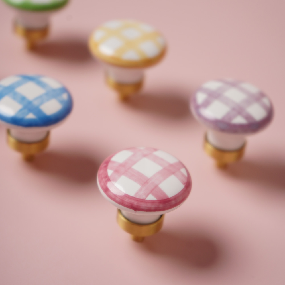 Vintage Checkered Ceramic Cabinet Pulls With Brass Finish 1