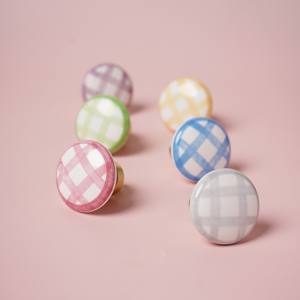 Vintage Checkered Ceramic Cabinet Pulls With Brass Finish 3