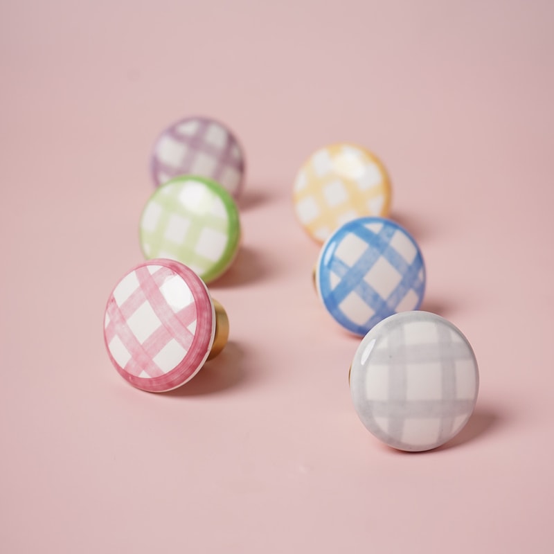 Vintage Checkered Ceramic Cabinet Pulls With Brass Finish 3